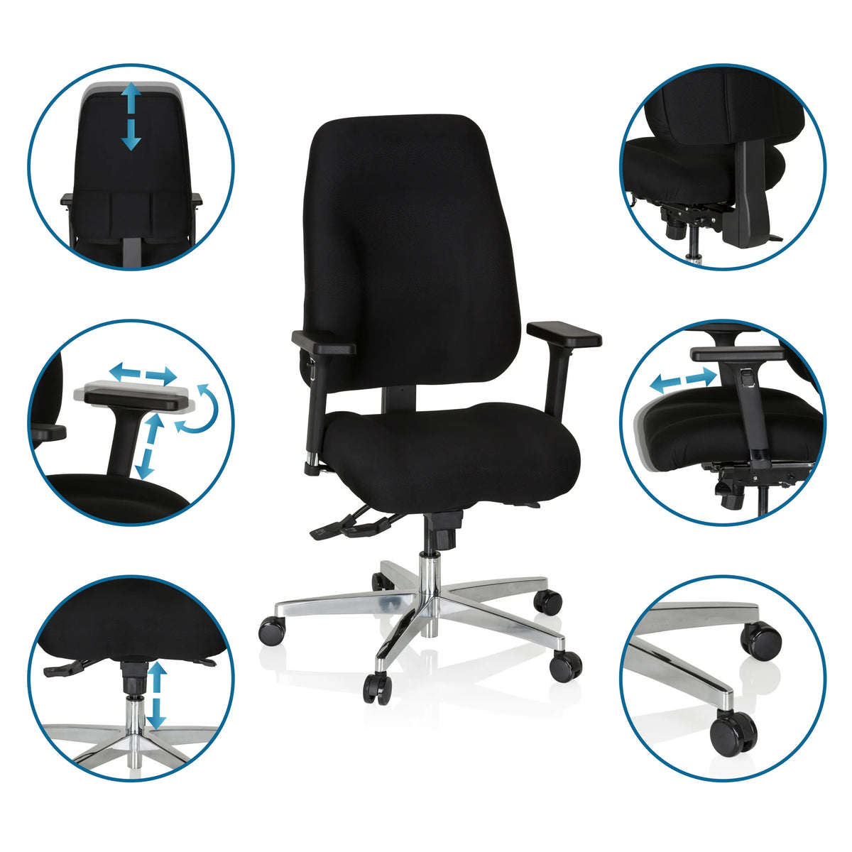 Funzioni regolabili della Sedia da ufficio professionale ZENIT COMFORT in nero con ruote e braccioli di hjh OFFICE