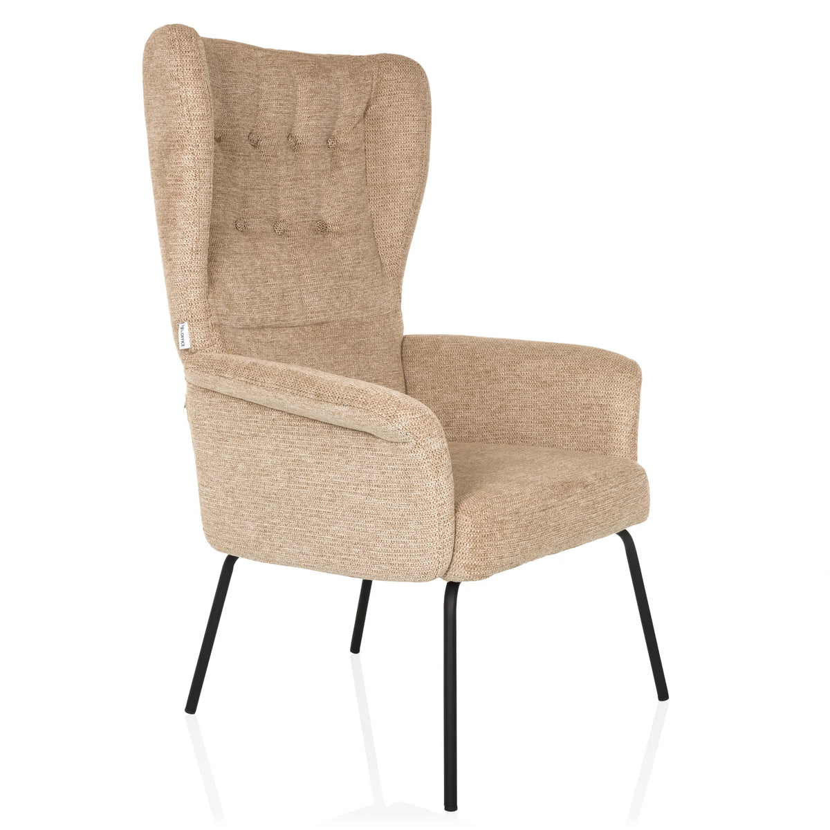 Poltrona imbottita beige HAVENIO con trapuntatura a bottoni, braccioli e gambe in metallo nero di hjh LIVING – vista a 360° (vista frontale a tre quarti 45°)