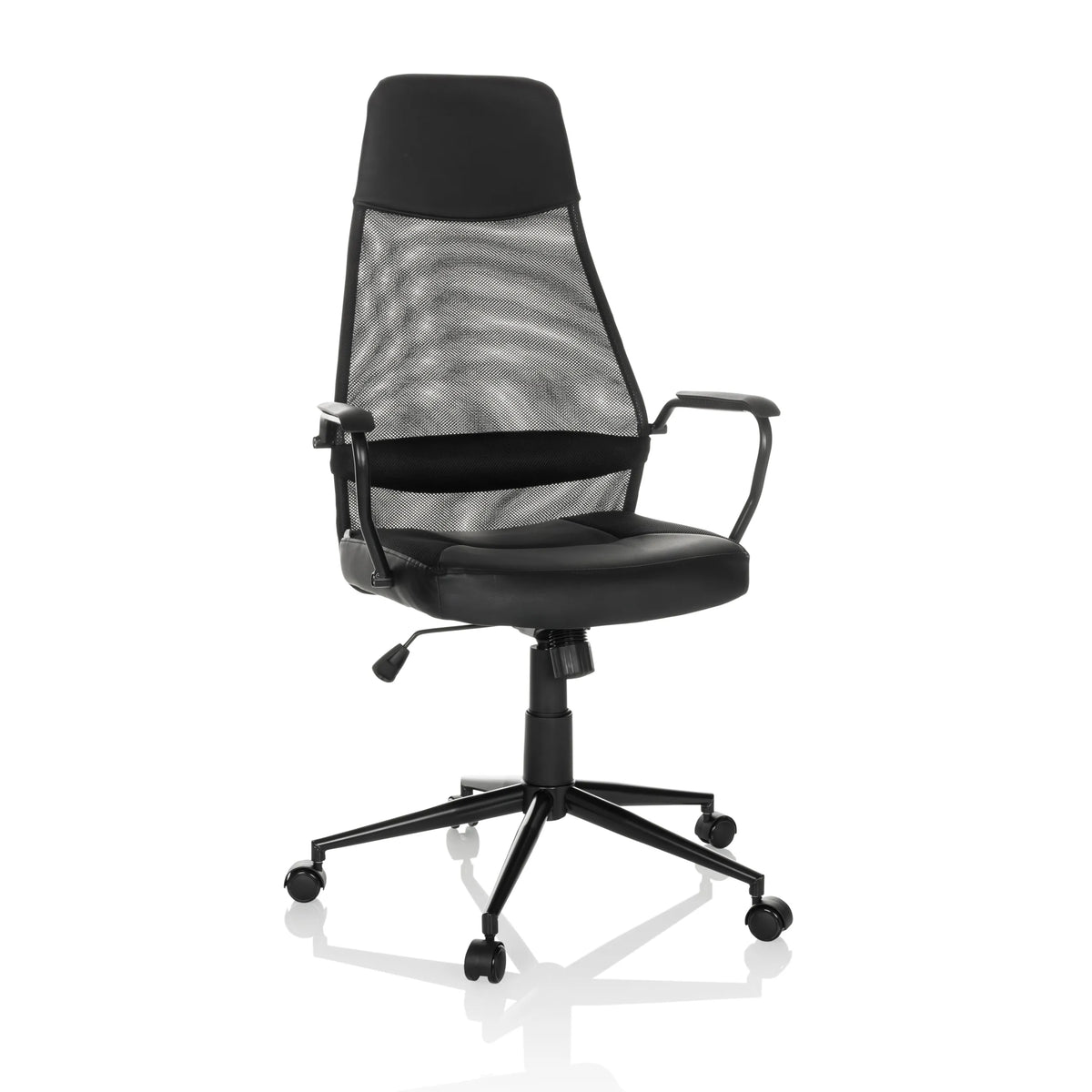 Poltrona Home Office MARCOZ nera con schienale in rete e base a cinque ruote di MyBuero – vista a 360° (vista frontale 15°)