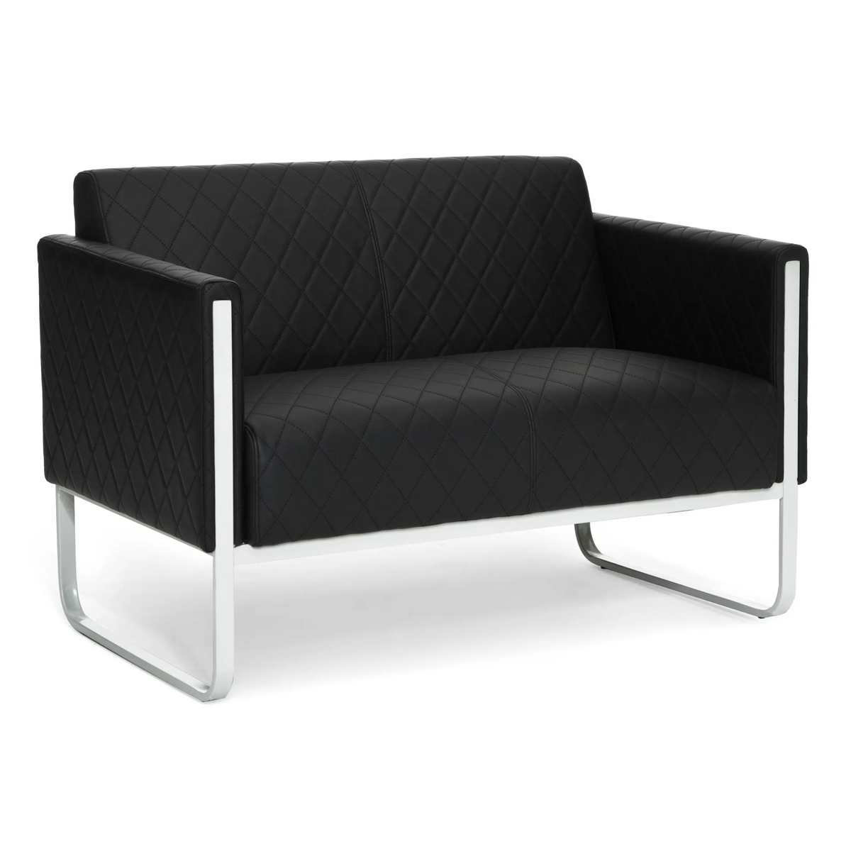 Sofà lounge ARUBA STEP nero a due posti con impunture a diamante e struttura in metallo di hjh OFFICE – vista a 360° (vista posteriore 180°)