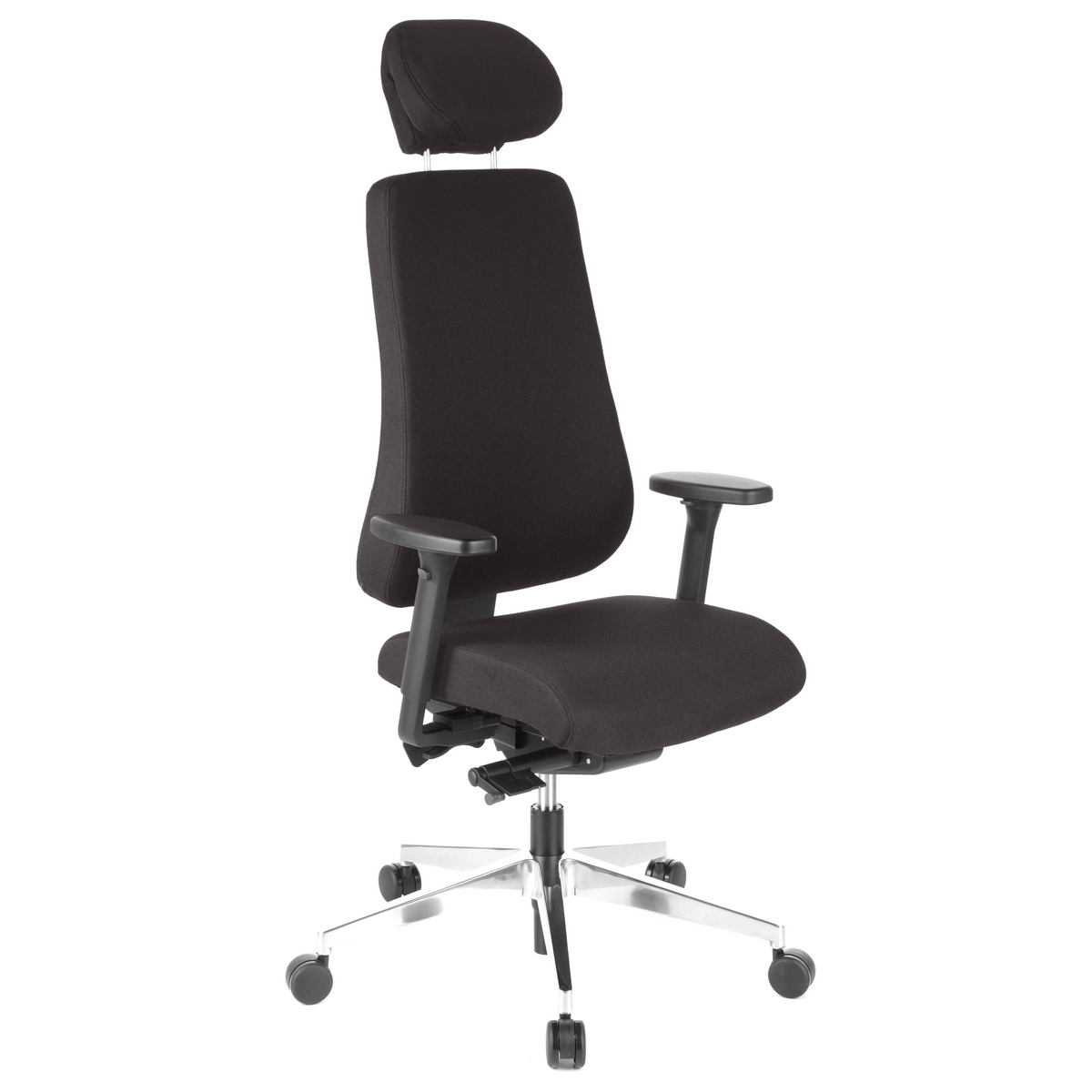 Schwarzer Profi-Bürostuhl PRO-TEC 400 mit Kopfstütze, Armlehnen und Fußkreuz mit fünf Rollen von hjh OFFICE – 360-Grad-Ansicht (schräge Frontansicht 40°)