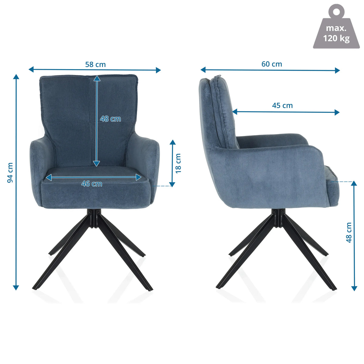 Disegno tecnico della sedia imbottita TARUGO con un'altezza totale di 94 cm e una larghezza di 58 cm di hjh LIVING