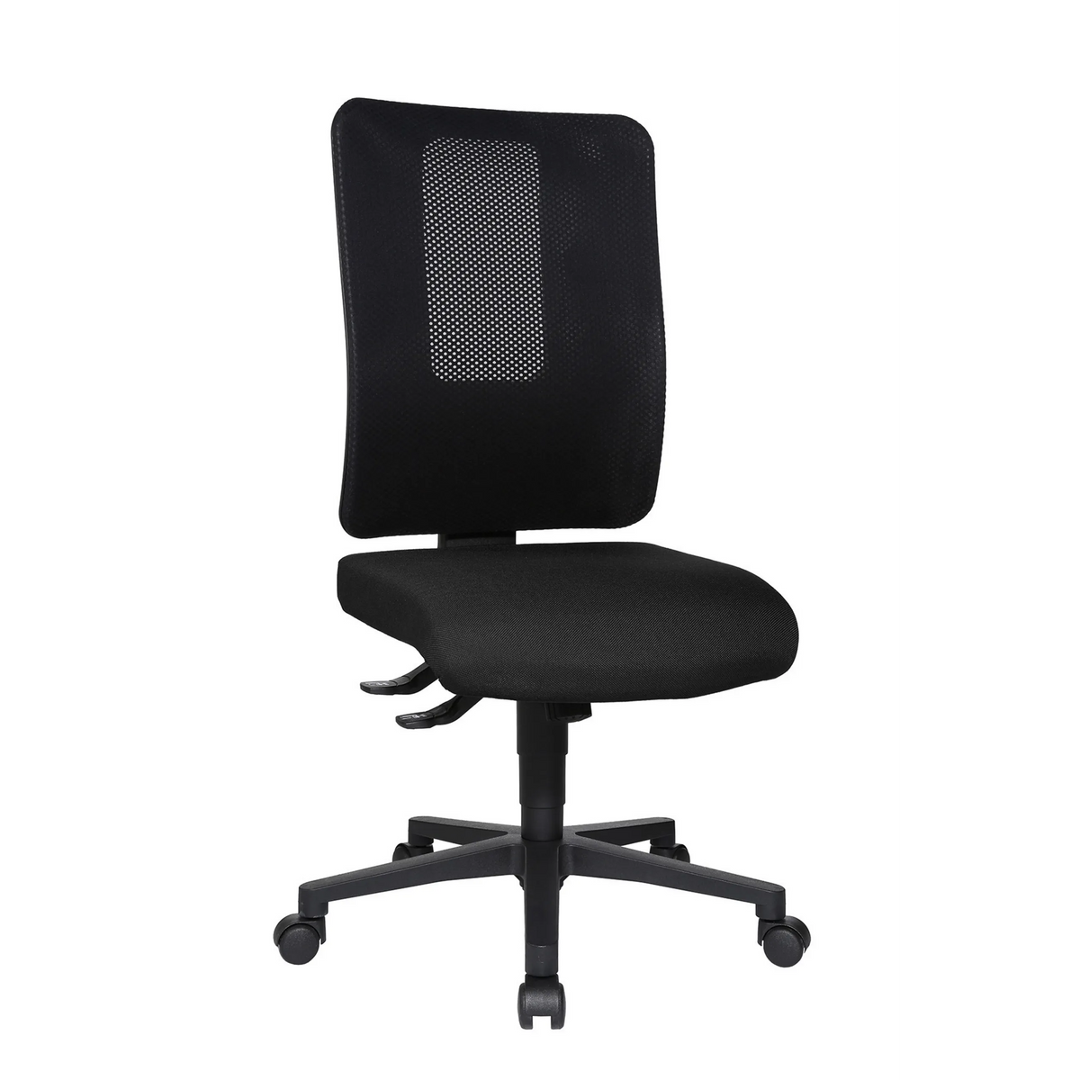 Sedia da ufficio professionale HJH WORK BASIC nera con schienale in rete e base a cinque ruote di Topstar – vista a 360° (vista frontale a tre quarti 60°)