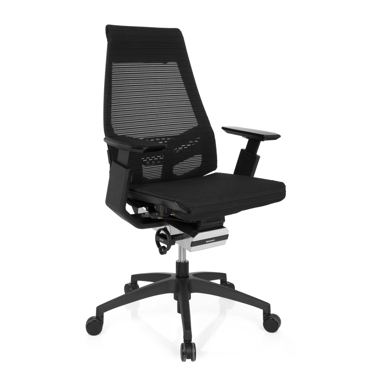 Sedia da ufficio professionale GENIDIA SMART BLACK nera con schienale in rete e base a cinque ruote di hjh OFFICE – vista a 360° (vista frontale a tre quarti 40°)