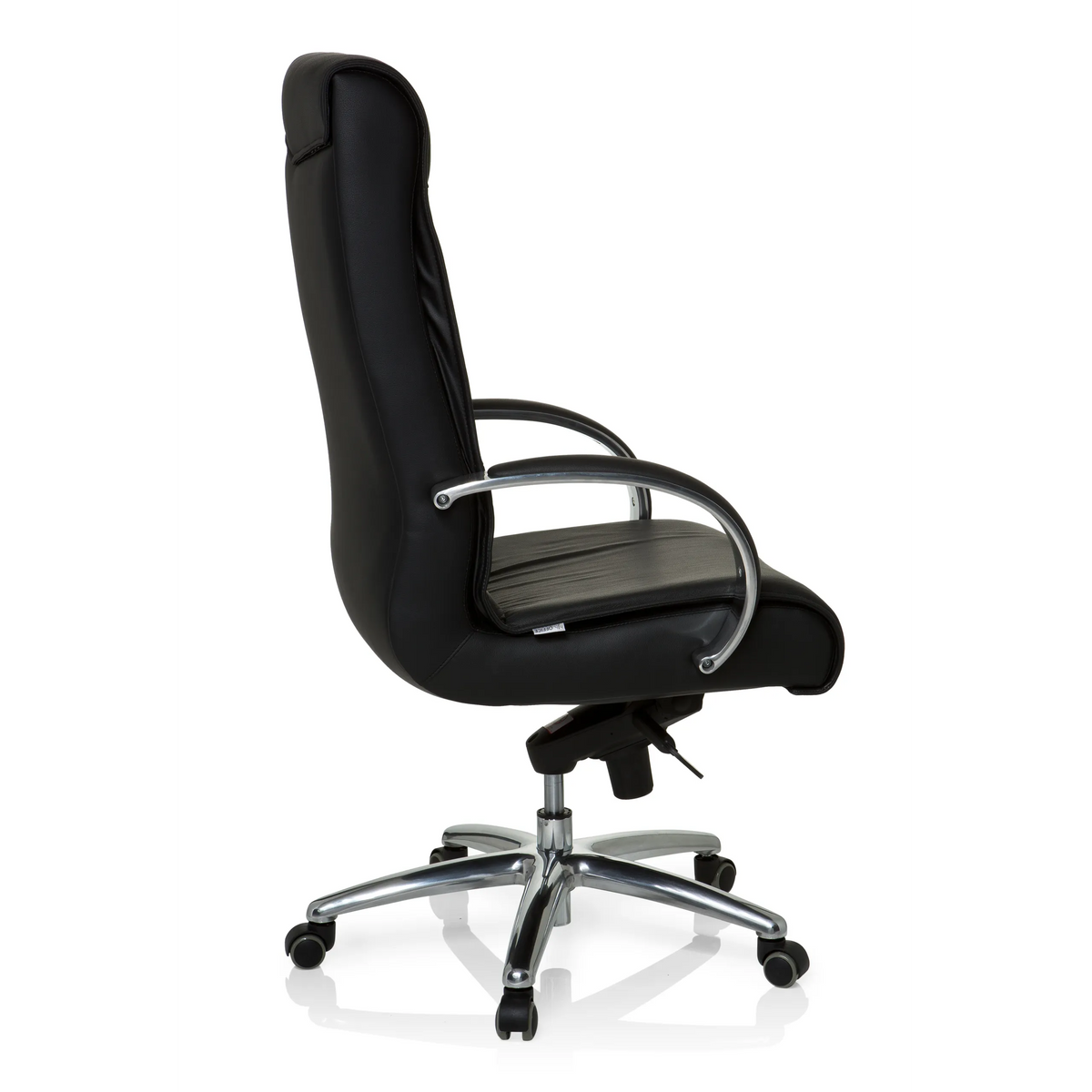 Sedia girevole XXL F 400 nera in pelle con base a stella e cinque ruote di hjh OFFICE – vista a 360° (profilo laterale 100°)
