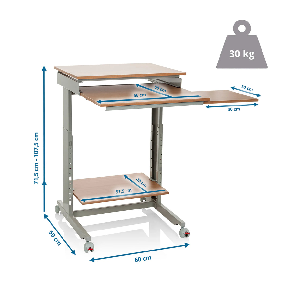 Disegno tecnico della Scrivania in piedi WORKSTATION con una larghezza di 60 cm e una portata di 30 kg di hjh OFFICE