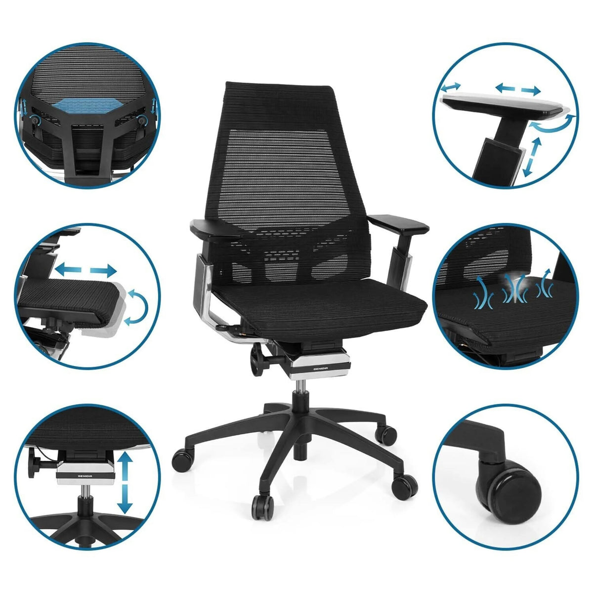 Sedia da ufficio professionale GENIDIA SMART BLACK CM in nero con schienale in rete e diverse possibilità di regolazione di hjh OFFICE