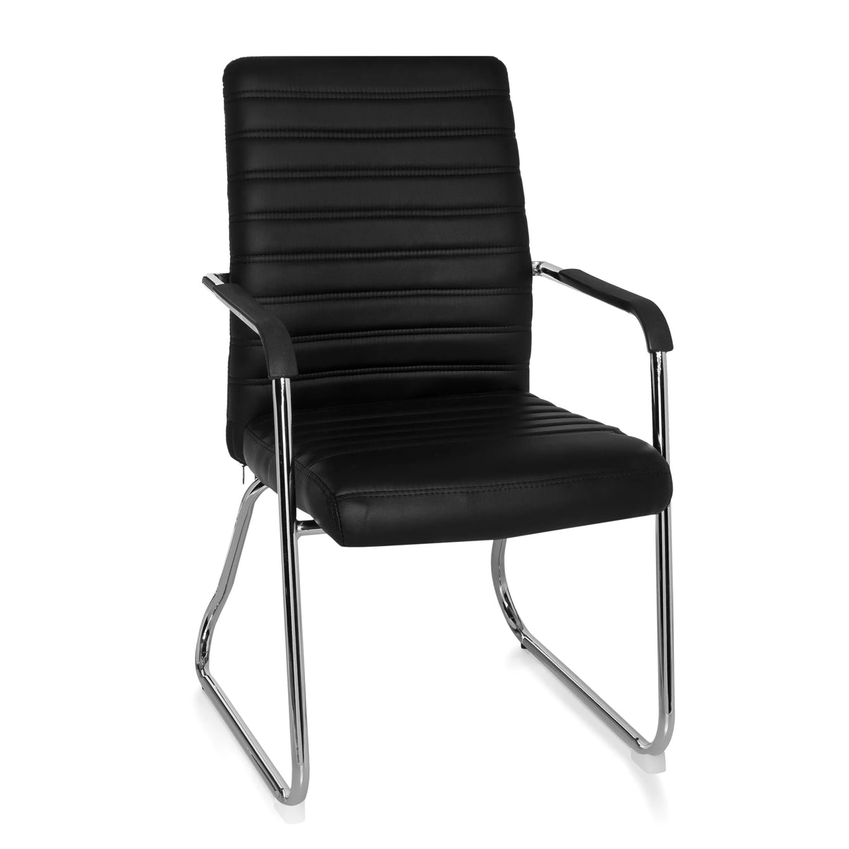 Sedia visitatore nera STEEL V con impunture trasversali e struttura a slitta di hjh OFFICE – vista a 360° (vista frontale 20°)