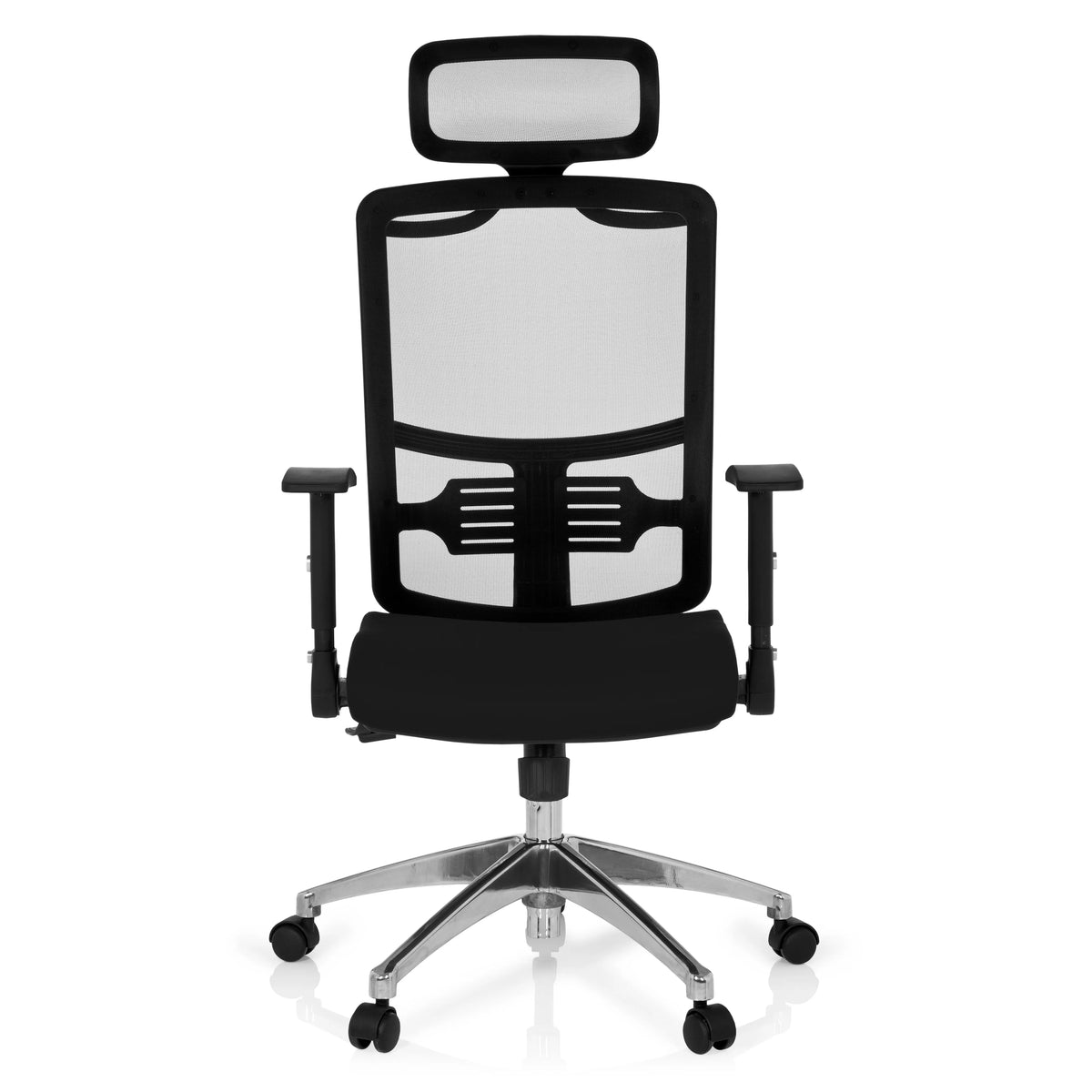 Sedia da ufficio professionale CAYEN nera con schienale in rete, poggiatesta e base a cinque ruote di hjh OFFICE – vista a 360° (vista frontale 0°)