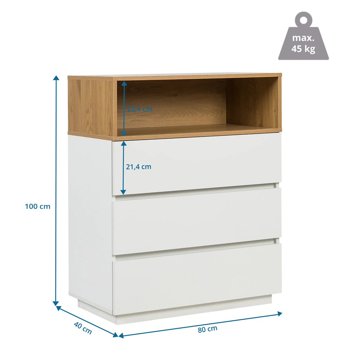 Disegno tecnico della Cassettiera MELMO K in bianco e rovere, 100 × 80 cm, di hjh LIVING
