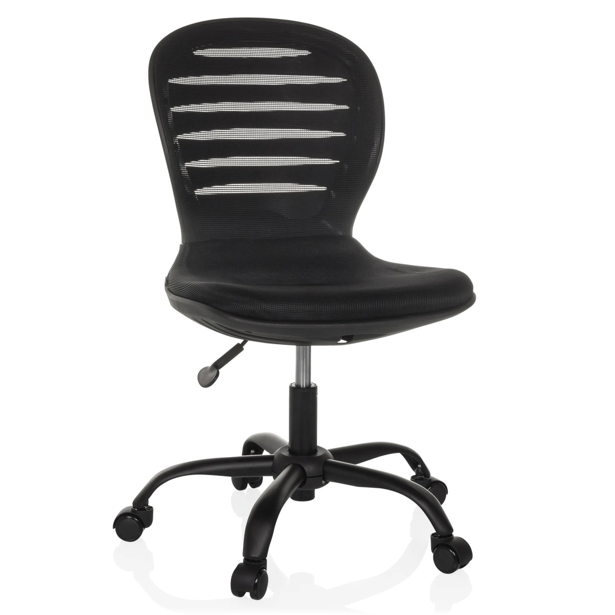 Sedia Home Office CASLA nera con schienale in rete e base a cinque ruote di hjh OFFICE – vista a 360° (vista frontale 15°)