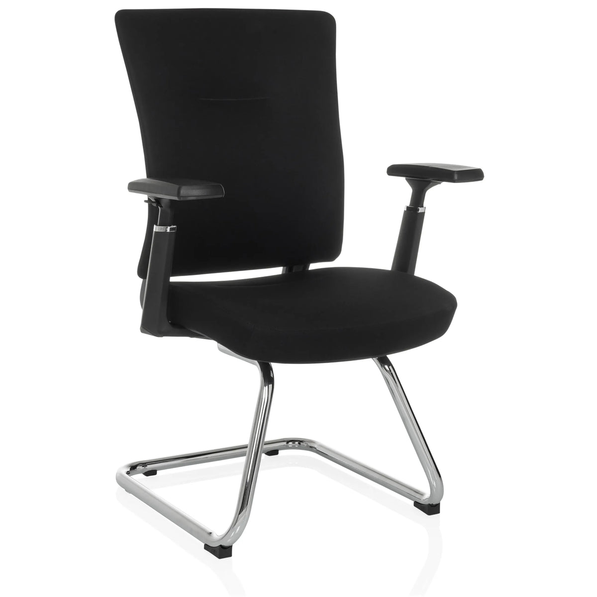 Sedia a sbalzo CAPTIVO PRO V nera con braccioli e rivestimento in tessuto di hjh OFFICE – vista a 360° (vista frontale a tre quarti 30°)