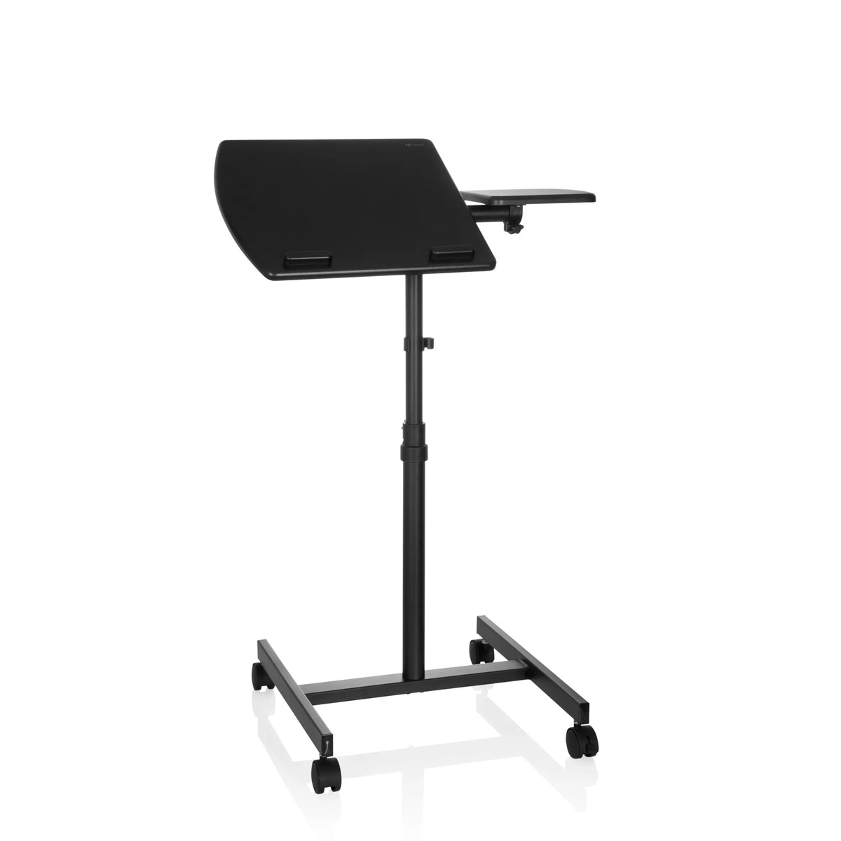 Scrivania in piedi VM-SL nera con ripiano d'appoggio e base a U su ruote di hjh OFFICE – vista a 360° (vista frontale 16°)