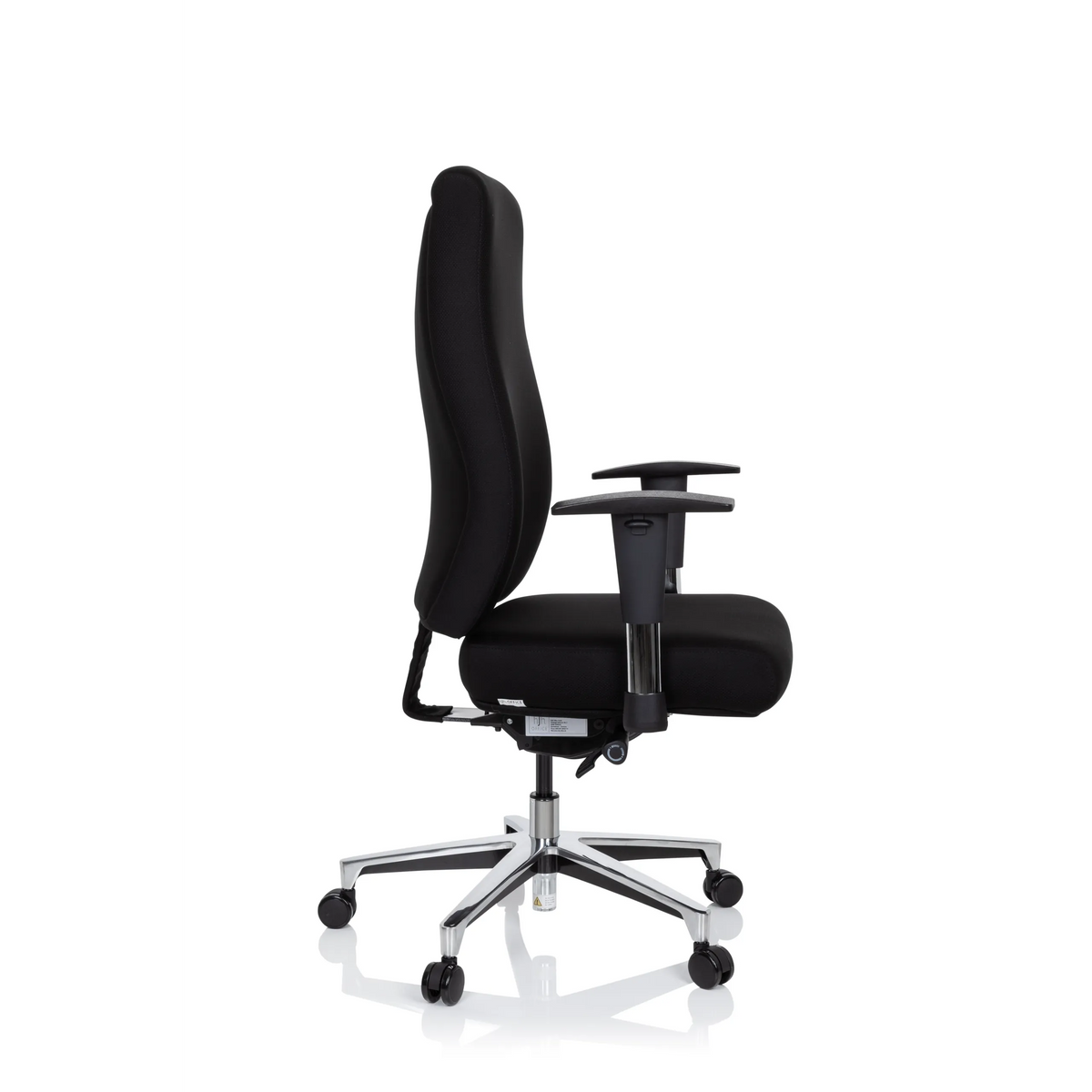 Sedia da ufficio professionale FORCOM nera con braccioli e base a cinque ruote di hjh OFFICE – vista a 360° (profilo laterale 80°)