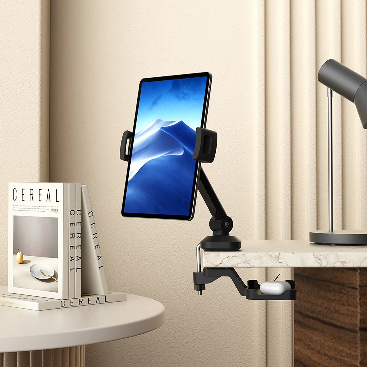 Supporto per cellulare e tablet FLEXMOBI III nero con fissaggio al tavolo e braccio girevole di hjh OFFICE