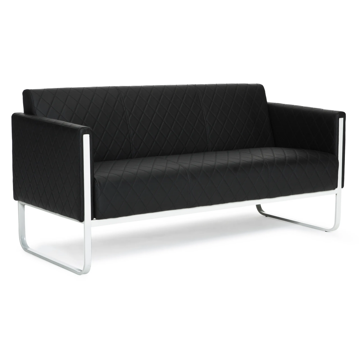 Sofà lounge nero ARUBA STEP con trapuntatura a rombi e struttura in cromo di hjh OFFICE – vista a 360° (vista posteriore 180°)