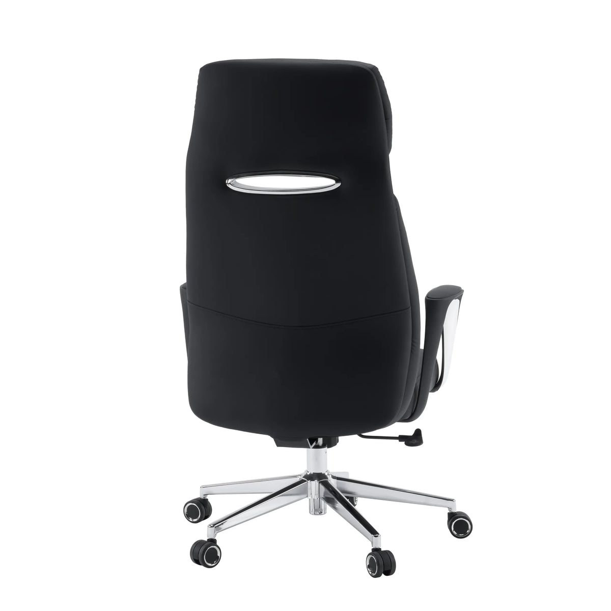 Vista posteriore della poltrona professionale VELVET ECO in nero con struttura cromata e ruote per moquette di hjh OFFICE