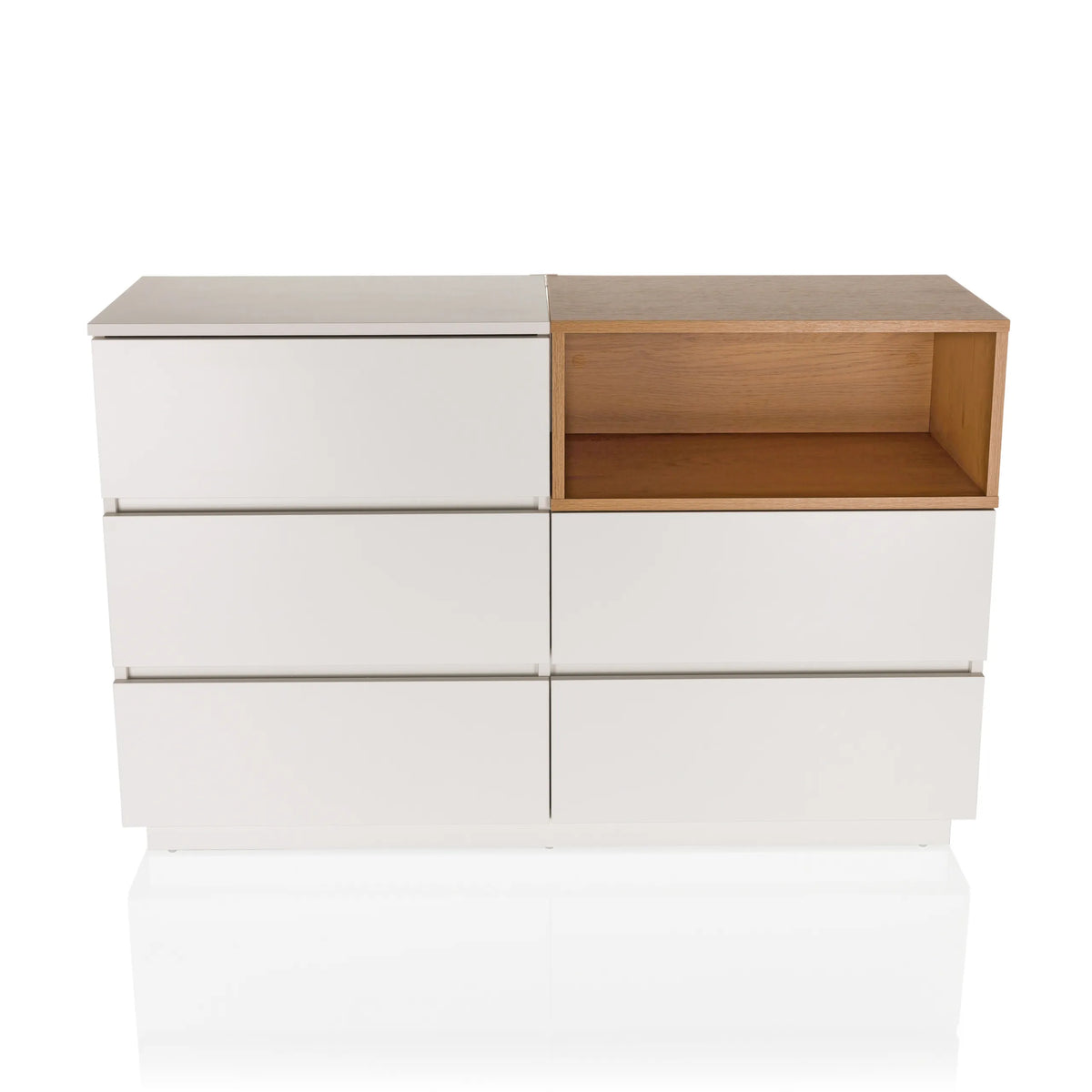 Madia bianca MELMO S con accento in legno di rovere e cinque cassetti di hjh LIVING – vista a 360° (vista frontale 0°)