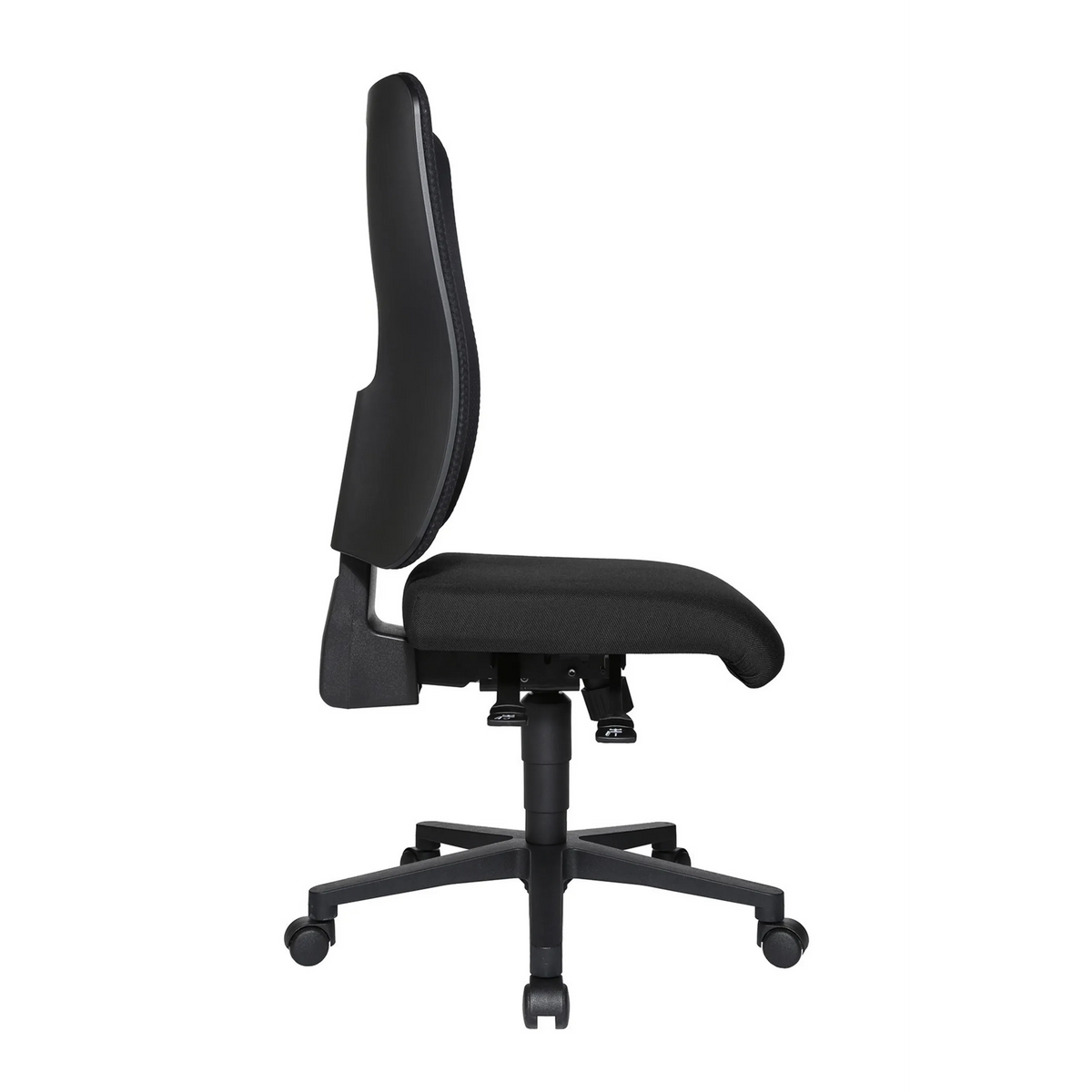 Sedia da ufficio professionale HJH WORK BASIC nera con schienale in rete e base a cinque ruote di Topstar – vista a 360° (vista posteriore a tre quarti 120°)