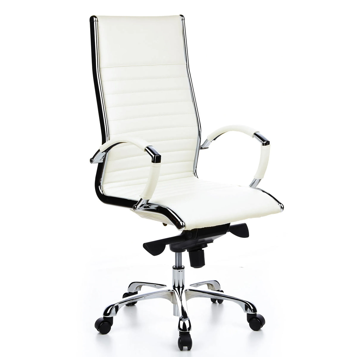 Poltrona professionale PARMA 20 bianco crema con cuciture a croce e base a cinque ruote di hjh OFFICE – vista a 360° (vista frontale a tre quarti 40°)
