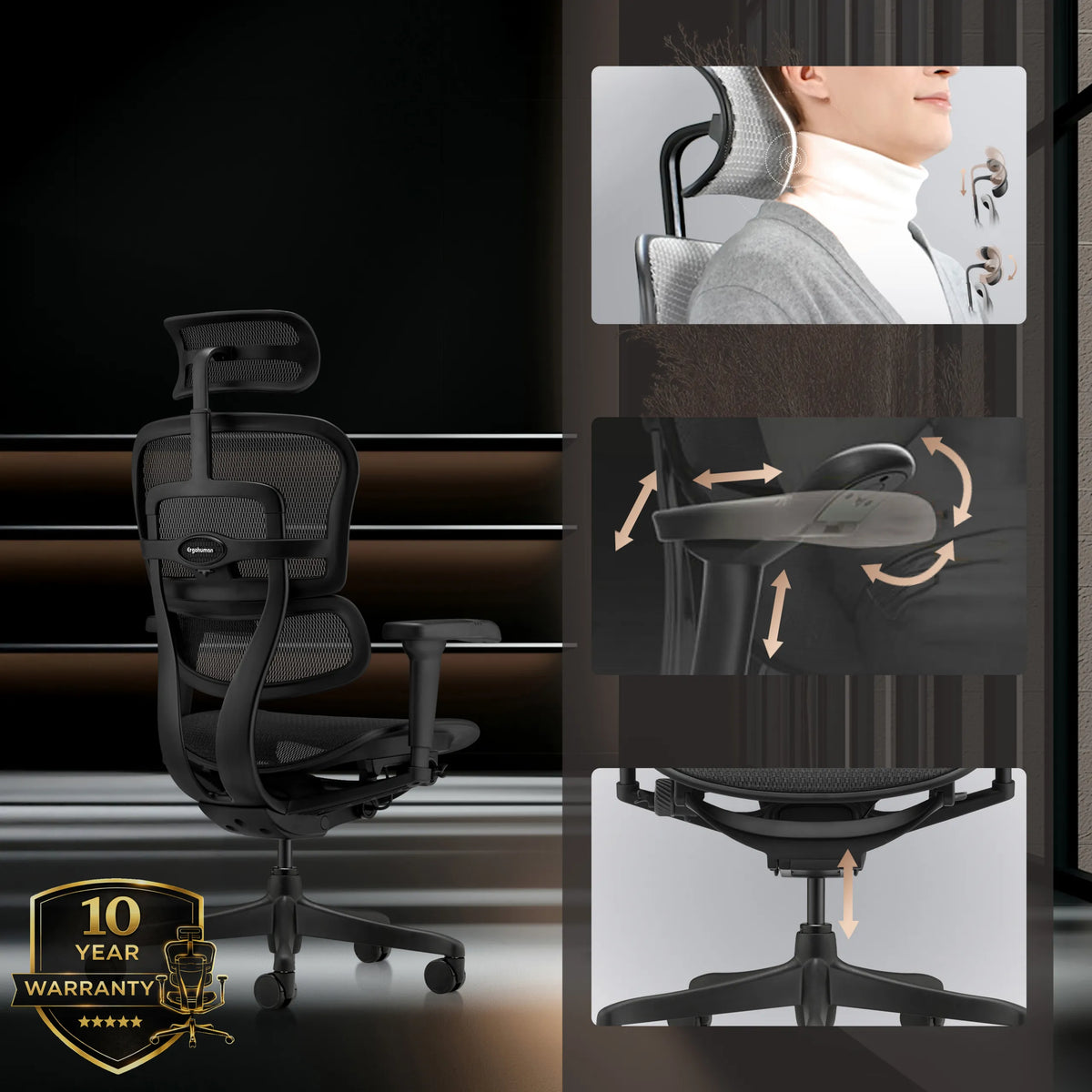 Poggiatesta, braccioli e altezza del sedile regolabili della poltrona di lusso ERGOHUMAN SIGNATURE GEN2 in nero di hjh OFFICE