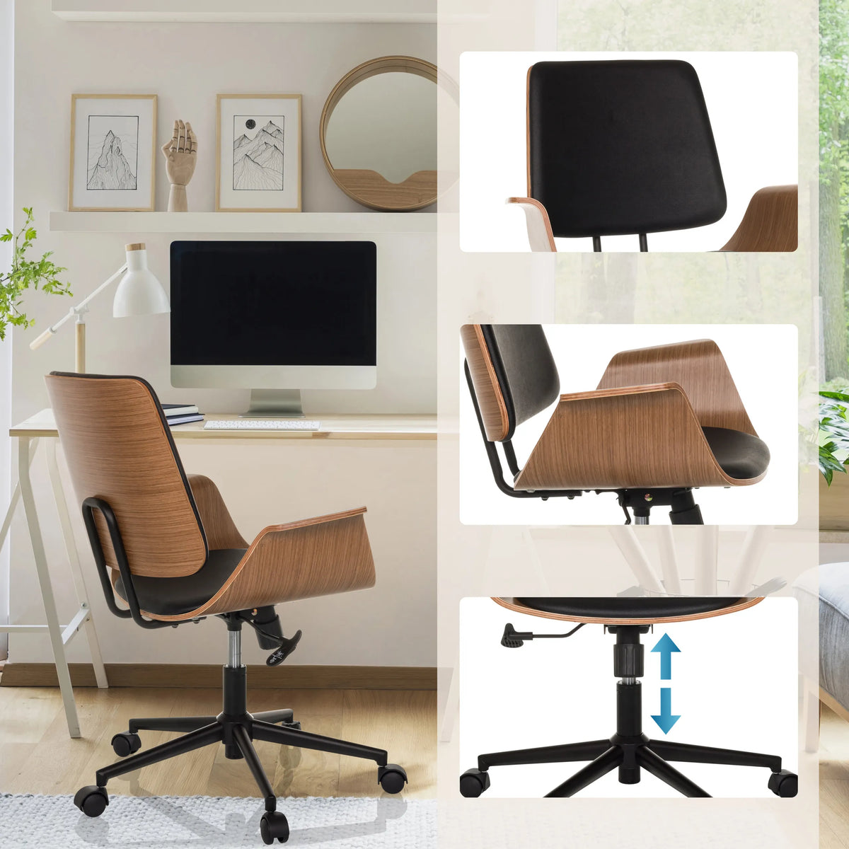 Sedia Home Office CENCA II con scocca in legno, cuscino nero e pistone a gas di hjh LIVING