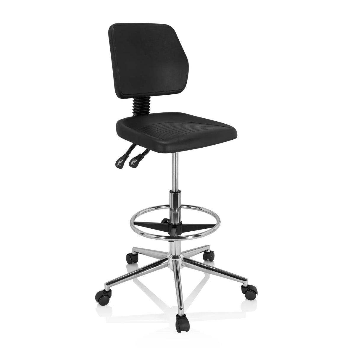Sedia da banco nera TOP WORK 11 I con poggiapiedi e base a cinque ruote di hjh OFFICE – vista a 360° (vista frontale a tre quarti 40°)