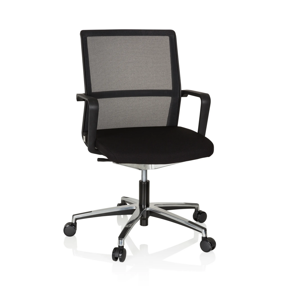 Sedia da ufficio professionale MOVE-TEC NET 3D nera con schienale in rete e base a cinque ruote di hjh OFFICE – vista a 360° (vista frontale 20°)