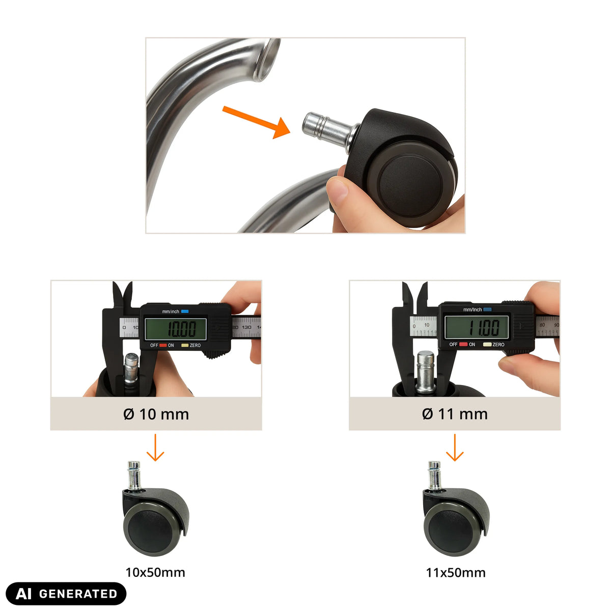 Determinazione della misura e montaggio delle rotelle per sedia 5x ROLO EASY 11mm/50mm di hjh OFFICE (immagine generata dall’IA)