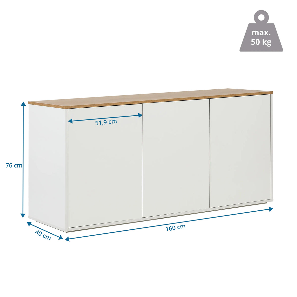 Disegno dimensionale della Madia KELO S con 160 x 40 cm di hjh LIVING
