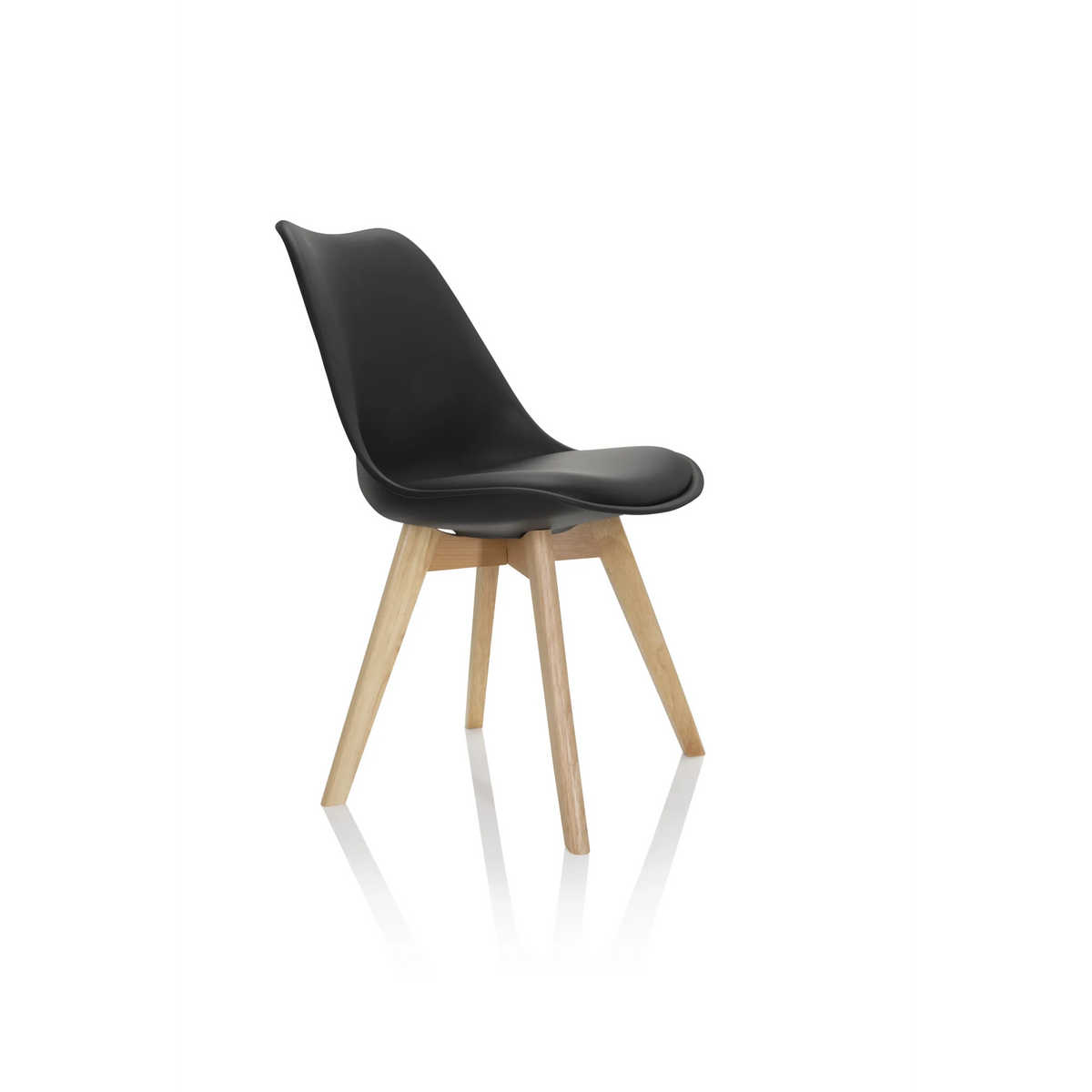 Sedia a conchiglia SCANDI 4 nera con quattro gambe in legno chiaro di hjh OFFICE – vista a 360° (vista frontale a tre quarti 60°)