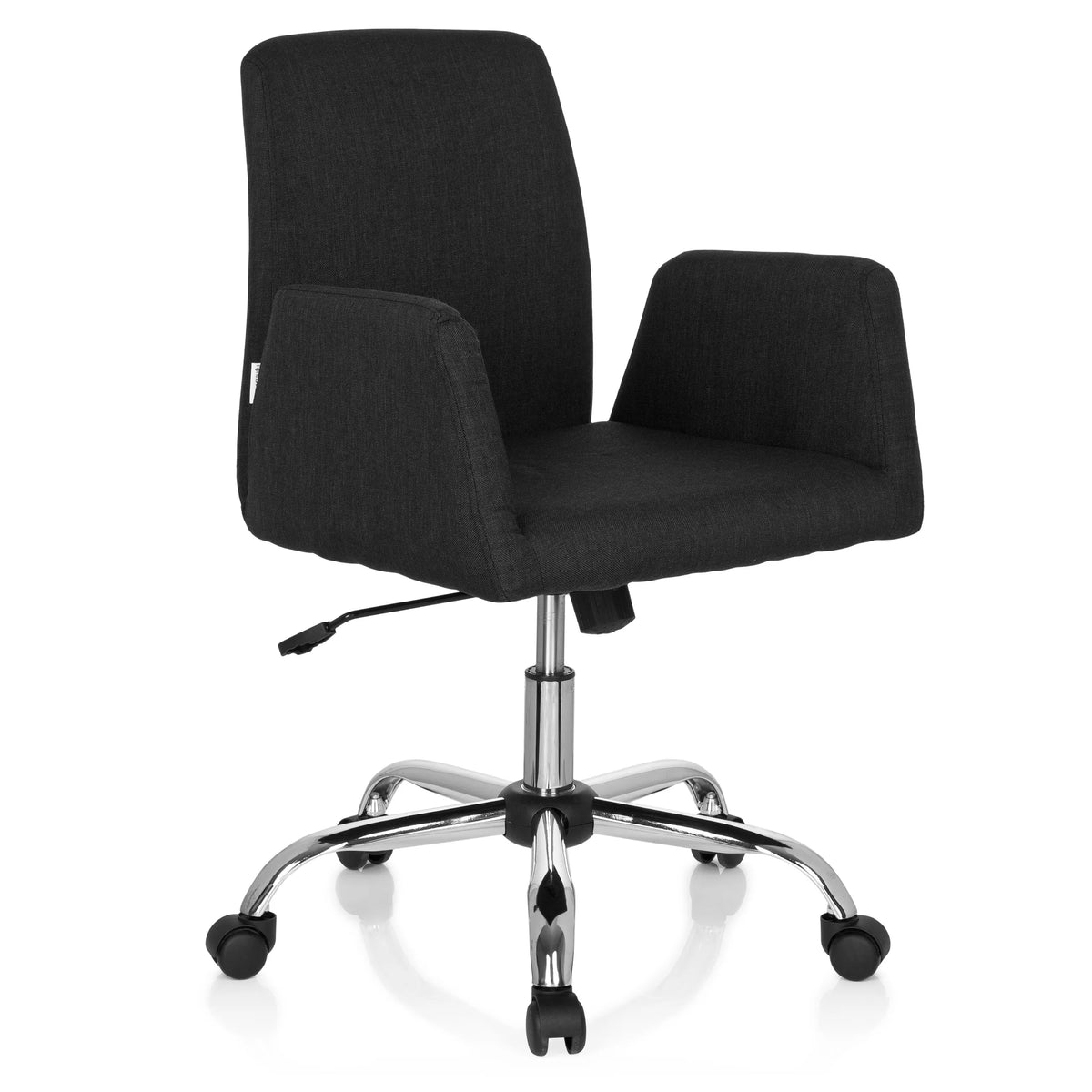 Sedia Home Office FLOW nera con braccioli e base cromata a cinque ruote di hjh OFFICE – vista a 360° (vista frontale a tre quarti 40°)