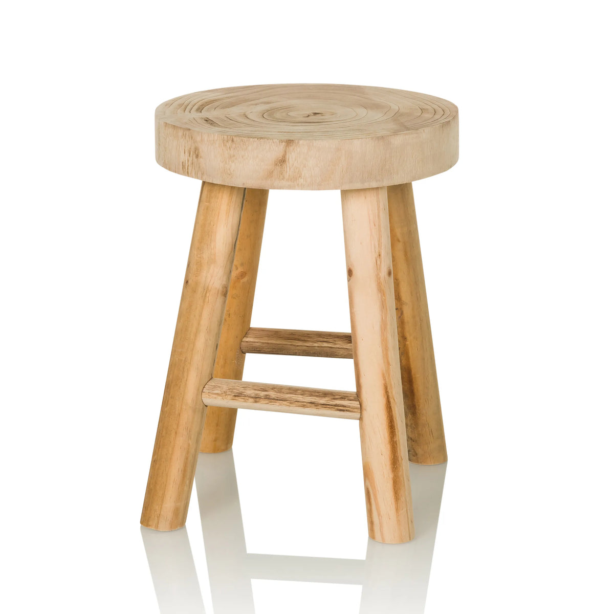 Sgabello RUSTIKO W marrone in legno con seduta rotonda e traverse di hjh LIVING – vista a 360° (vista frontale 15°)