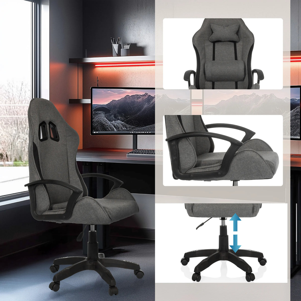 Sedia da gaming grigia GAMEBREAKER W01 con poggiatesta, braccioli e base regolabile in altezza di MyBuero