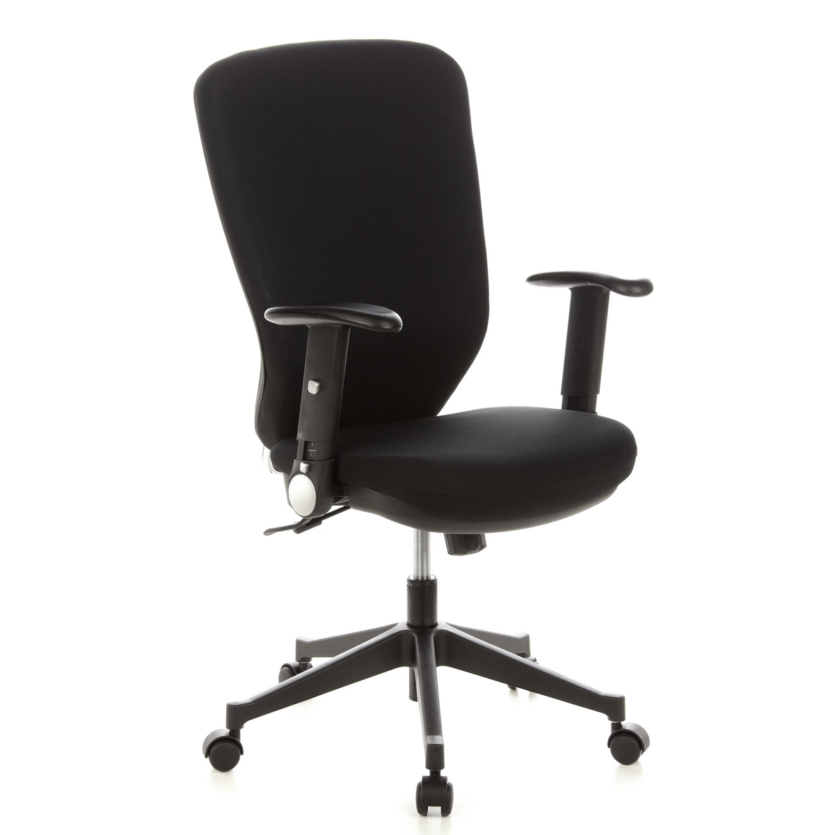 Sedia da ufficio professionale TRAFFIC 30 nera con braccioli e base a cinque ruote di hjh OFFICE – vista a 360° (vista frontale a tre quarti 40°)