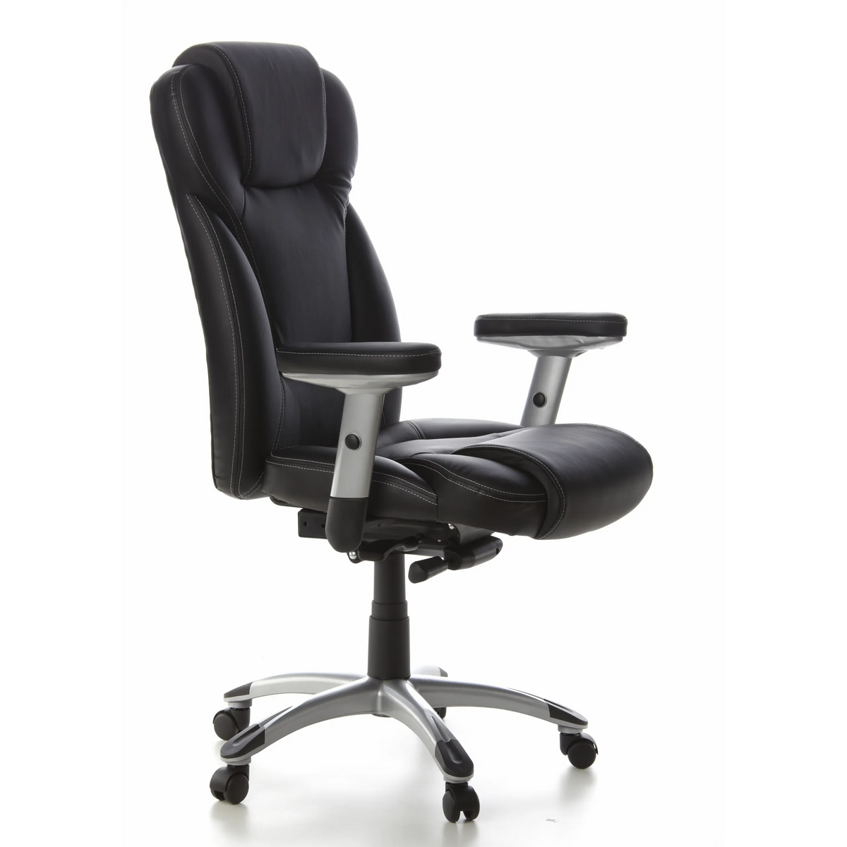 Poltrona professionale EMBASSY 200 L nera con braccioli e base argentata a cinque ruote di hjh OFFICE – vista a 360° (vista frontale a tre quarti 60°)