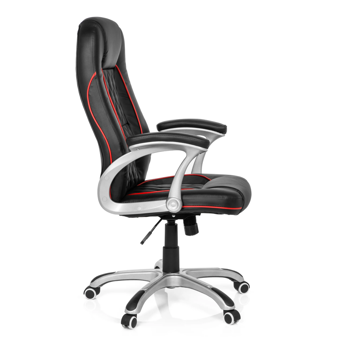 Sedia da gaming RELAX AB100 nera con cuciture decorative rosse, trapuntatura e base a cinque ruote di MyBuero – vista a 360° (profilo laterale 80°)