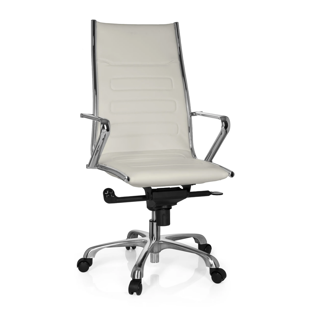 Poltrona professionale PARIBA III color crema con braccioli e base a cinque ruote di hjh OFFICE – vista a 360° (vista frontale 20°)