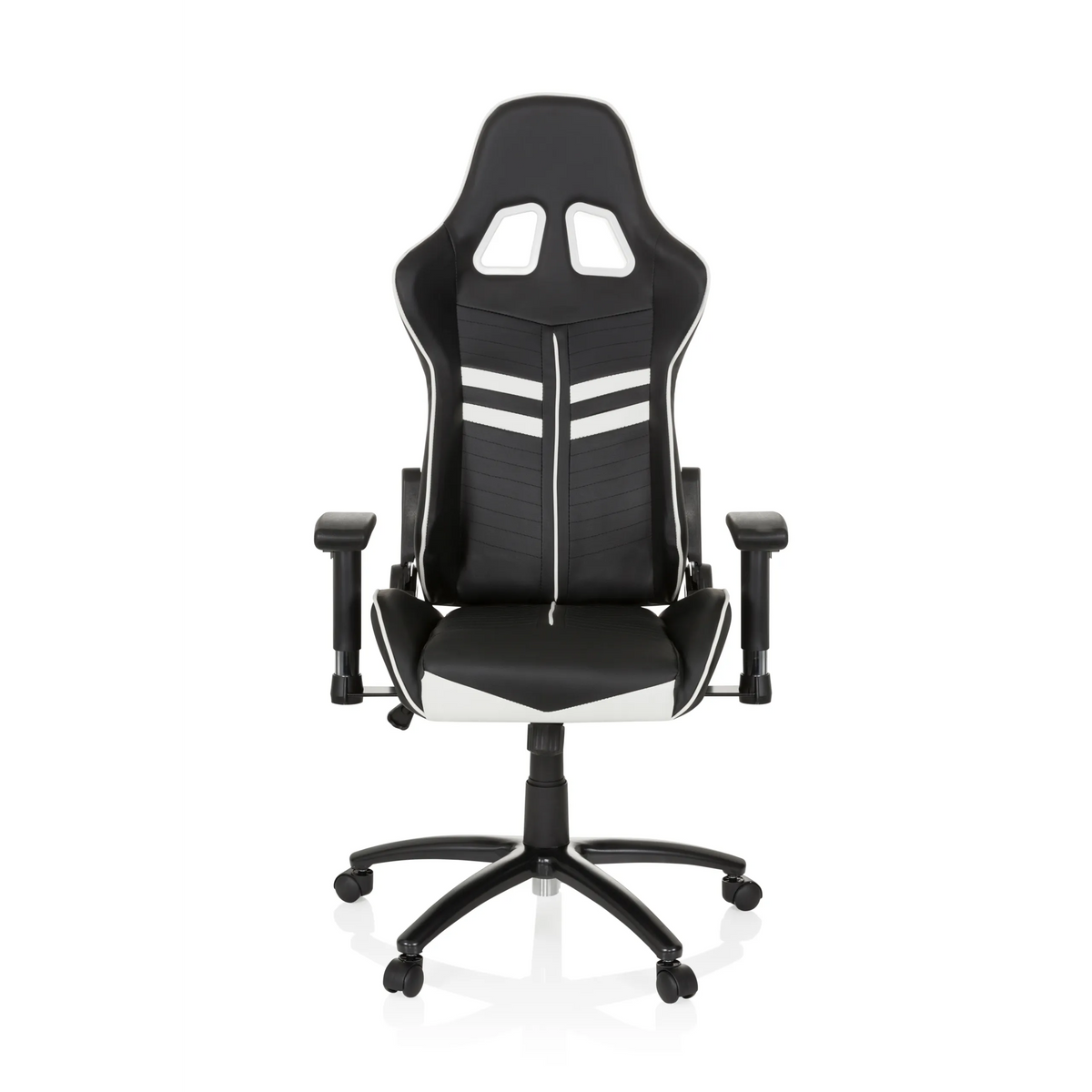 Sedia da gaming LEAGUE PRO bianca e nera con poggiatesta e base a cinque ruote di hjh OFFICE – vista a 360° (vista frontale 0°)