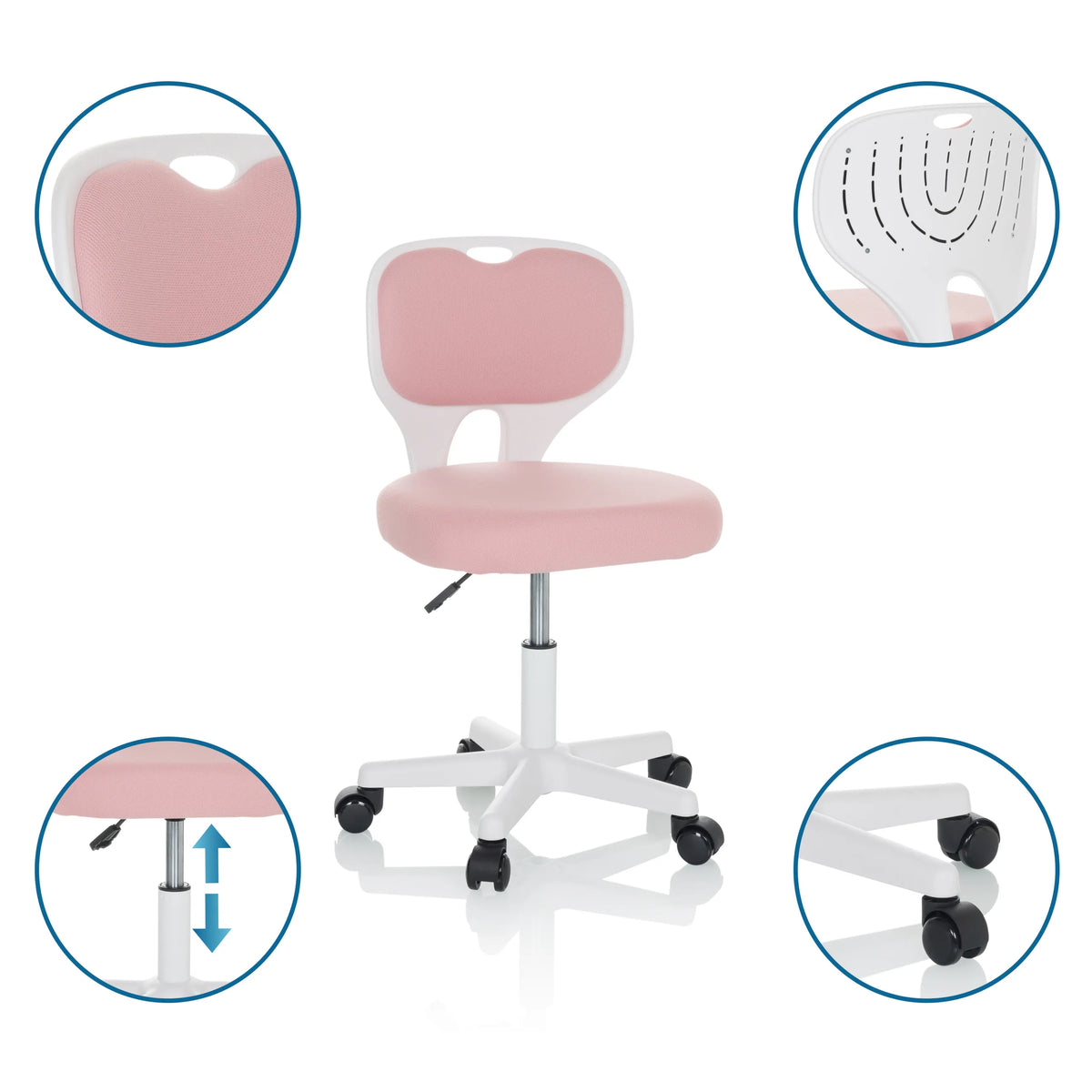 Sedia girevole per bambini KIDDY TOP W rosa con struttura bianca, ruote e seduta regolabile in altezza di hjh OFFICE