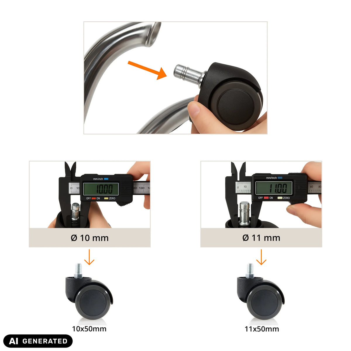 Confronto dimensioni delle rotelle per sedia 5x ROLO M10/50mm con diametro perno di 10 mm e 11 mm di hjh OFFICE (immagine generata dall’IA)