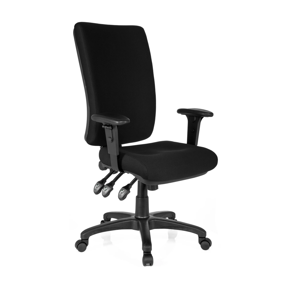 Sedia da ufficio professionale ZENIT HIGH nera con braccioli e base a cinque ruote di hjh OFFICE – vista a 360° (vista frontale a tre quarti 40°)