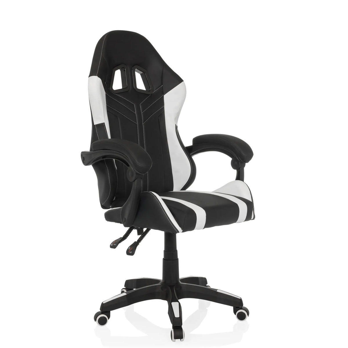 Sedia da gaming GAMEBREAKER W02 bianca e nera con base a cinque ruote di MyBuero – vista a 360° (vista frontale a tre quarti 45°)