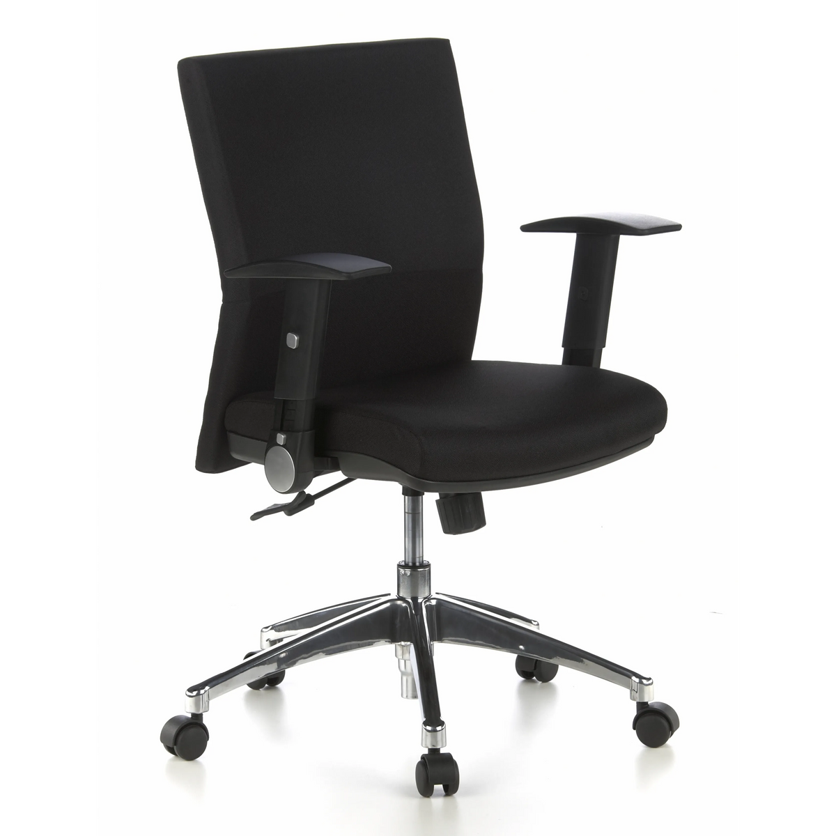 Sedia da ufficio professionale LAGUNA PRO nera con braccioli e base a cinque ruote di hjh OFFICE – vista a 360° (vista frontale a tre quarti 40°)