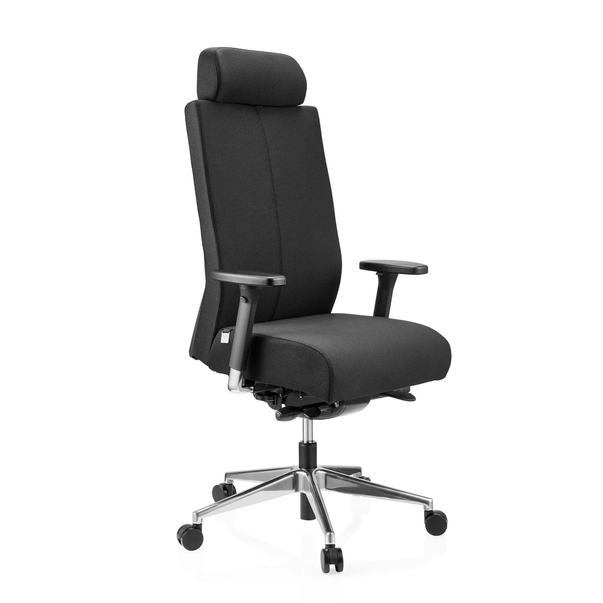 Sedia da ufficio professionale PRO-TEC XXL nera con rivestimento in tessuto, poggiatesta e base a cinque ruote di hjh OFFICE – vista a 360° (vista frontale a tre quarti 45°)