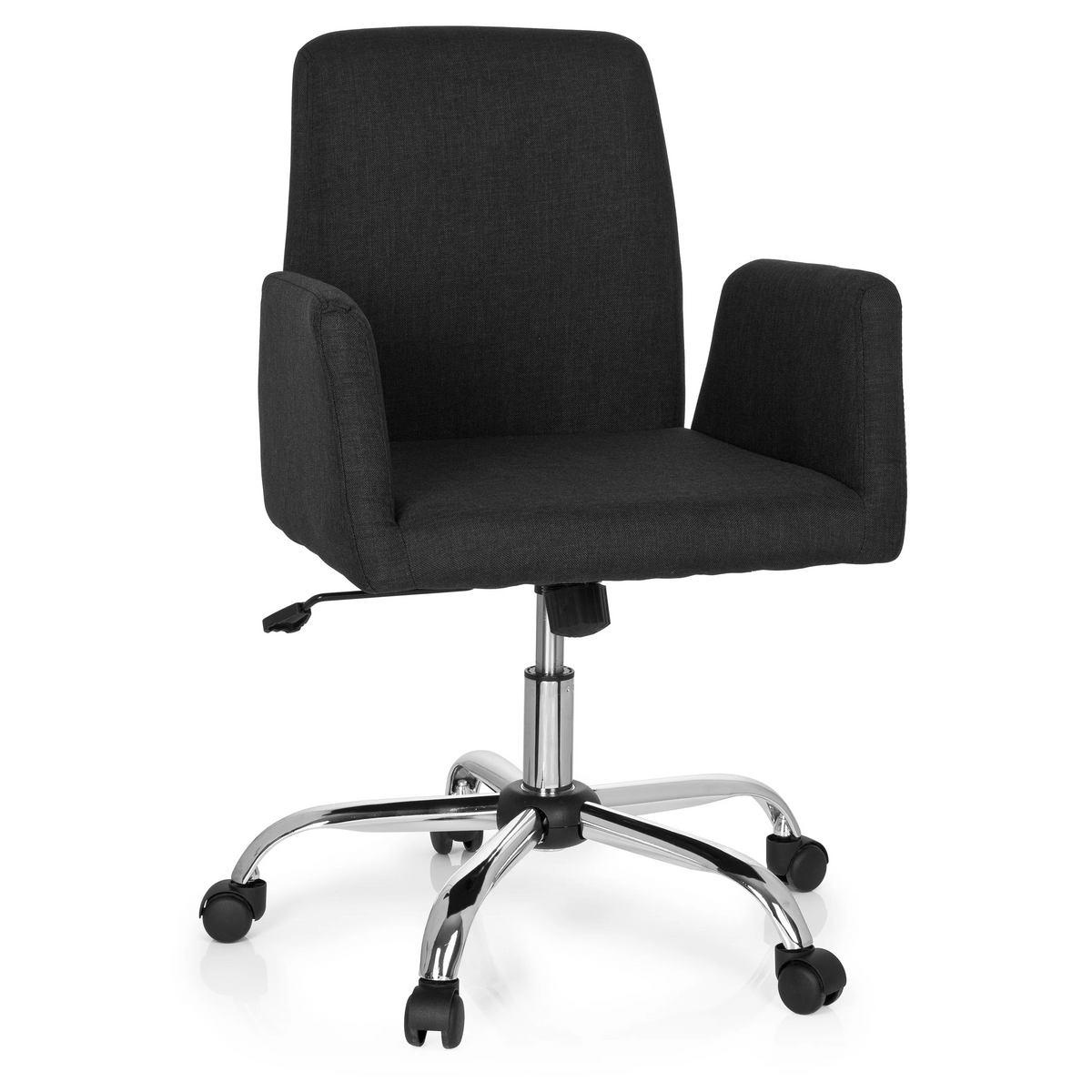 Schwarzer Homeoffice-Bürostuhl FLOW mit Armlehnen und glänzendem Fußkreuz mit fünf Rollen von hjh OFFICE – 360-Grad-Ansicht (Frontansicht 20°)