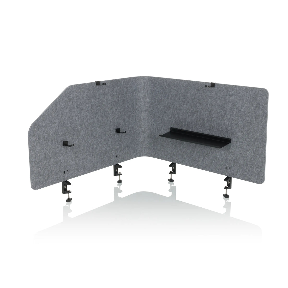 Divisorio per scrivania FLEXMIUT T TOP grigio con ripiano integrato e morsetti di fissaggio di hjh OFFICE – vista a 360° (vista frontale 0°)