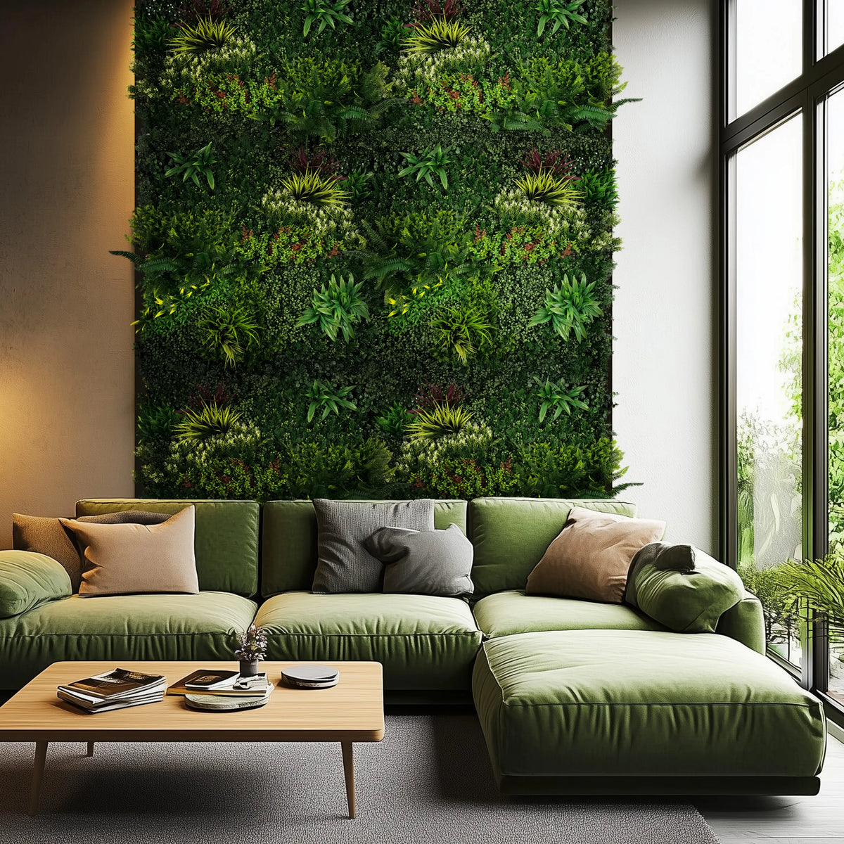 Pannello vegetale verde LEAFLUXE 3D come verde verticale in un soggiorno di hjh LIVING