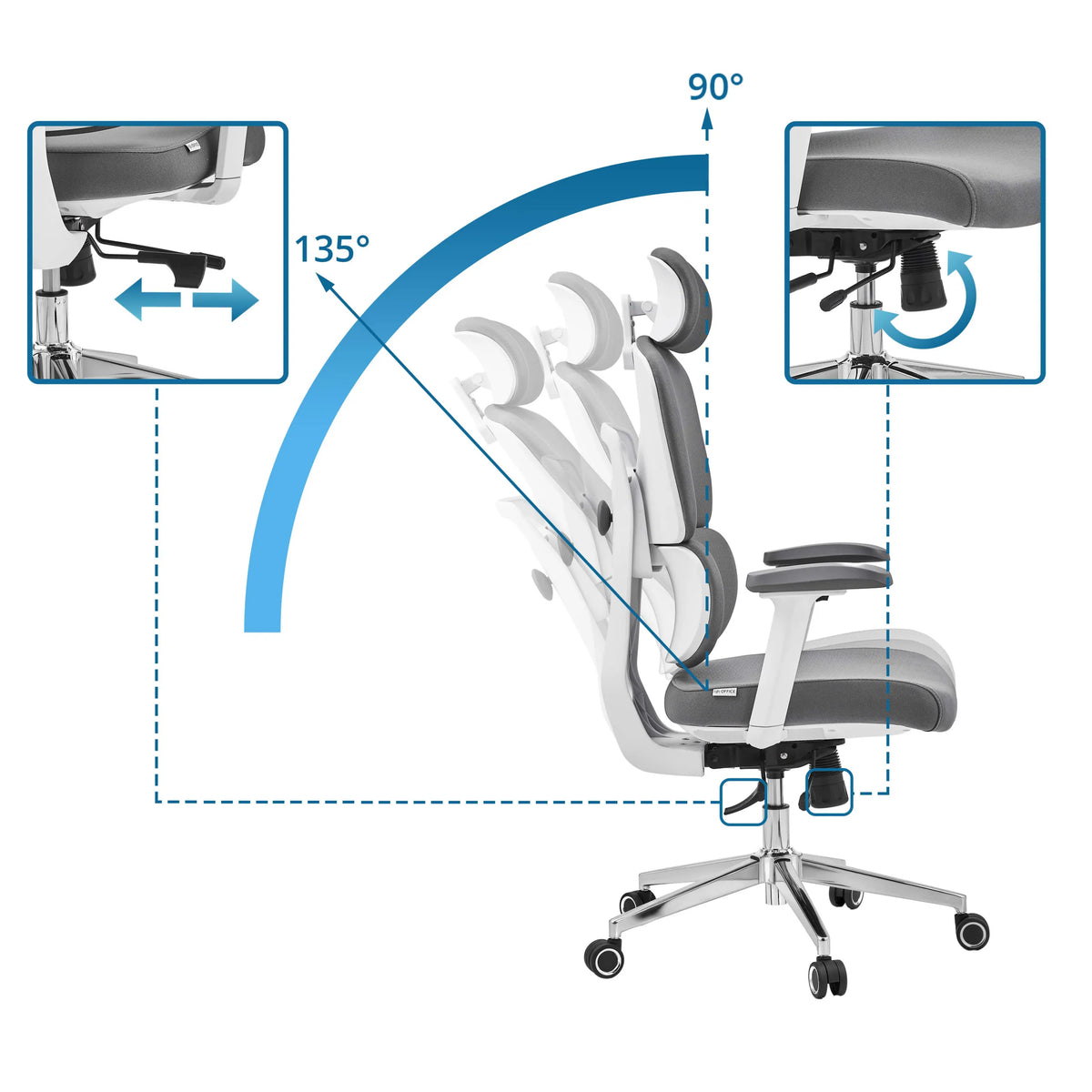 Schienale regolabile della Sedia da ufficio professionale Ergomy WF 2 con angolo di inclinazione da 90° a 135° di hjh OFFICE