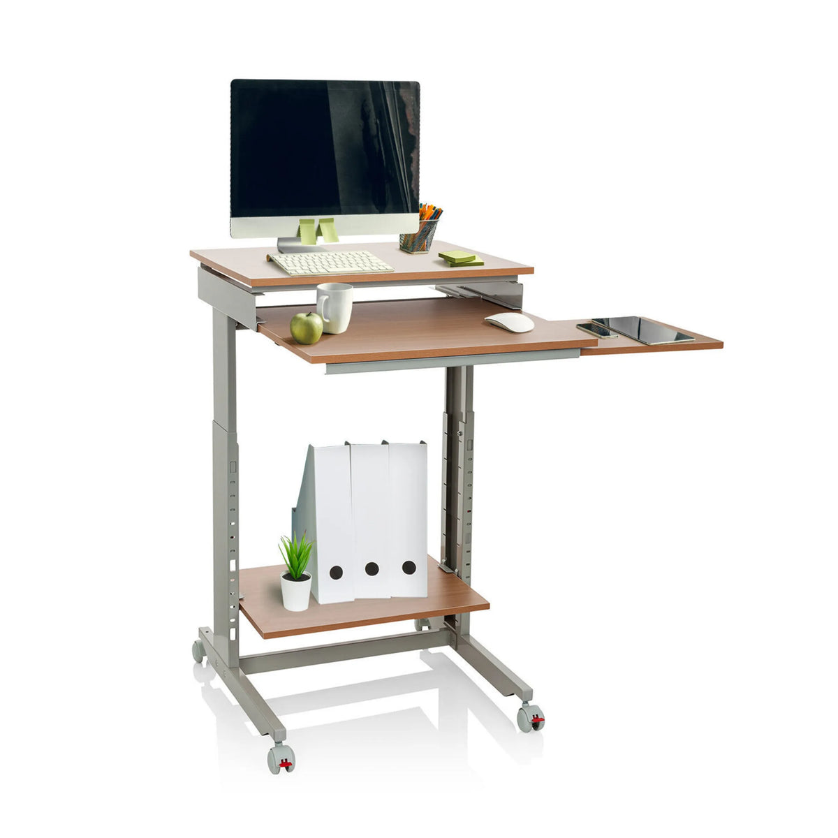 Scrivania in piedi WORKSTATION in faggio e grigio con due livelli, vano portaoggetti e ruote di hjh OFFICE